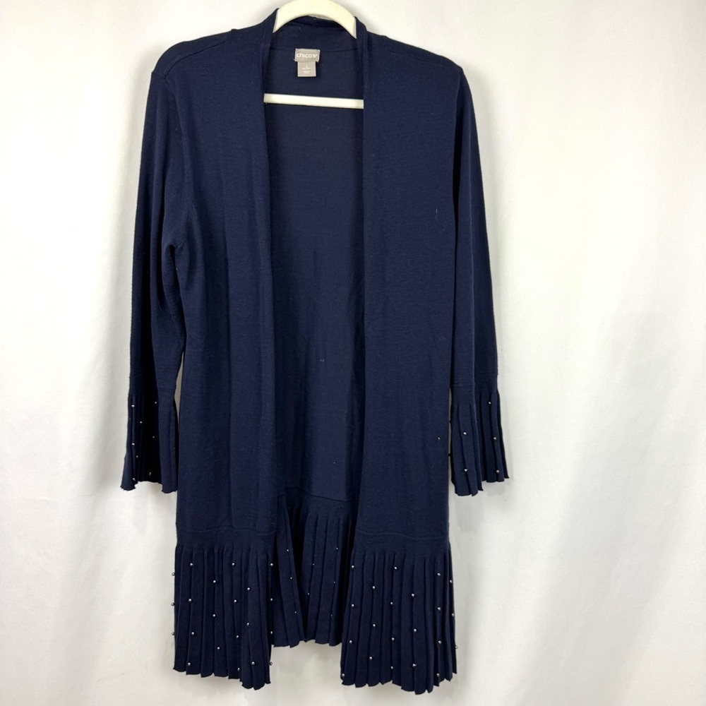 Chicos Women’s Sz L Navy Open Front Cardigan Sweater Pleated Beaded 3/4 Sleeve